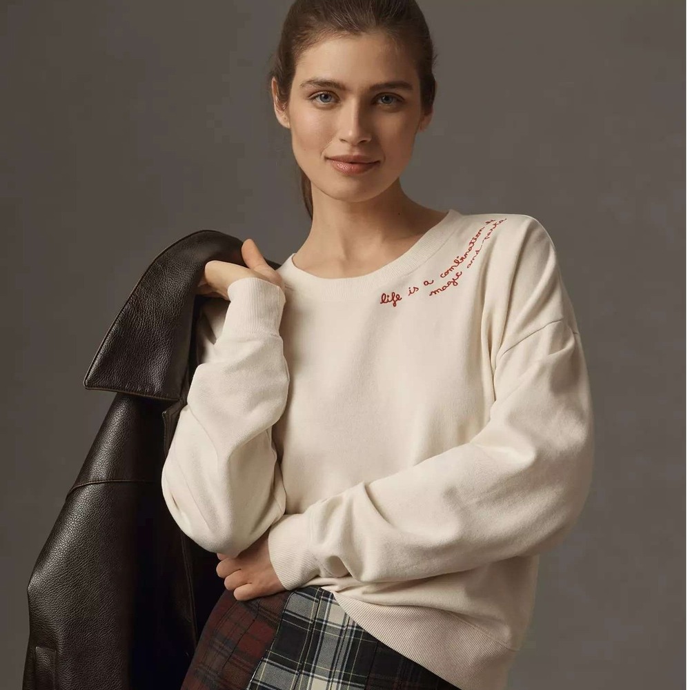 Maeve Anthropologie Embroidered Sweatshirt Ivory Pasta Graphic S NWT